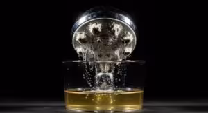 Vinegar descaling a showerhead, removing mineral buildup.