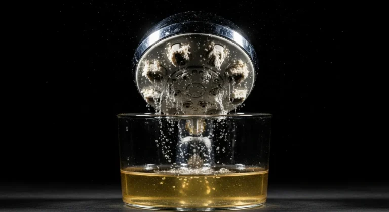 Vinegar descaling a showerhead, removing mineral buildup.