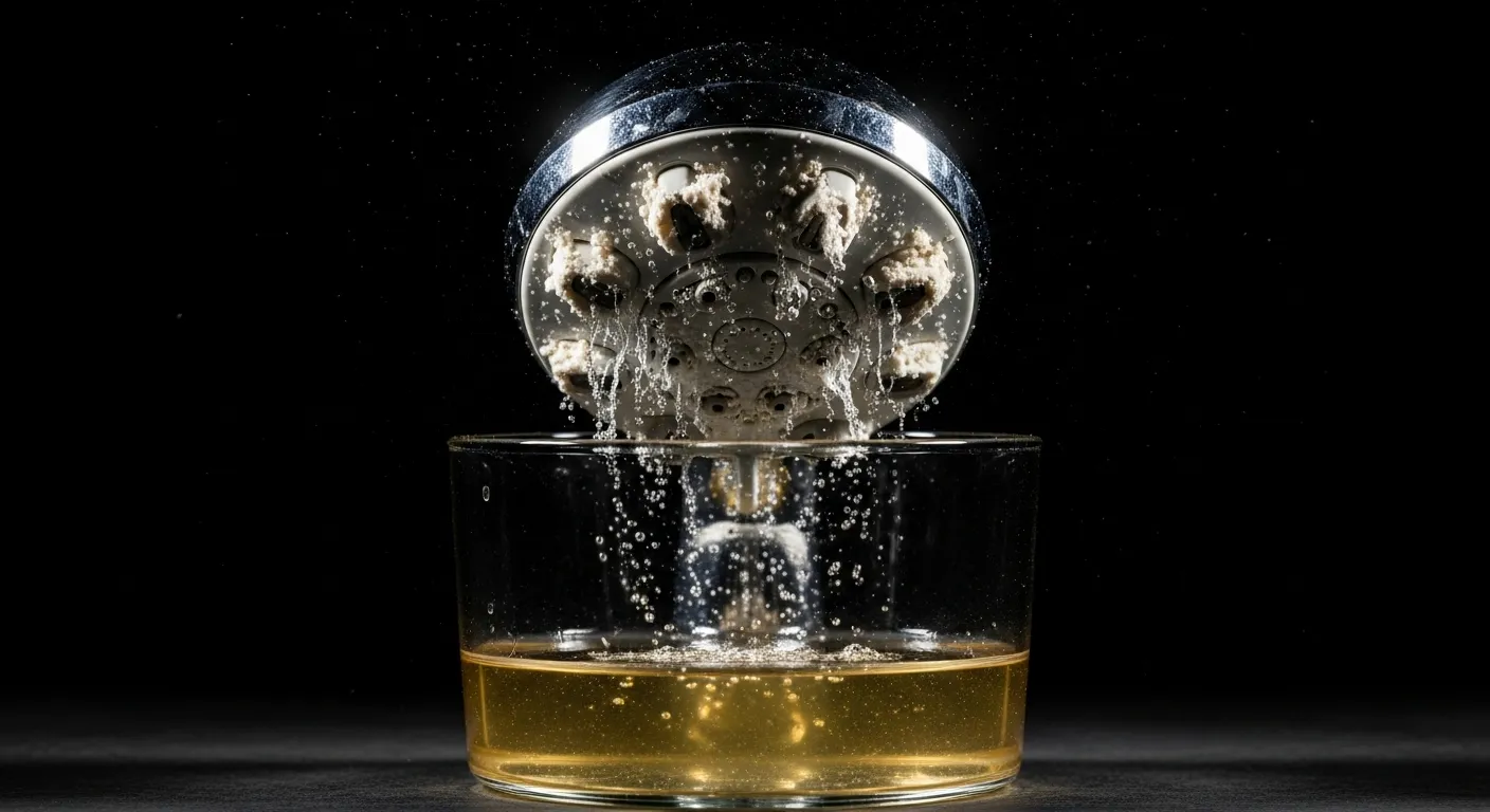 Vinegar descaling a showerhead, removing mineral buildup.