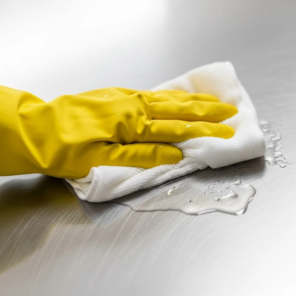 Hand cleaning stainless steel with vinegar solution.