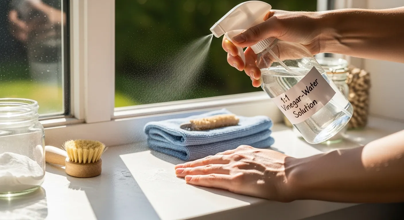 Vinegar spray bottle and cleaning tools on windowsill.