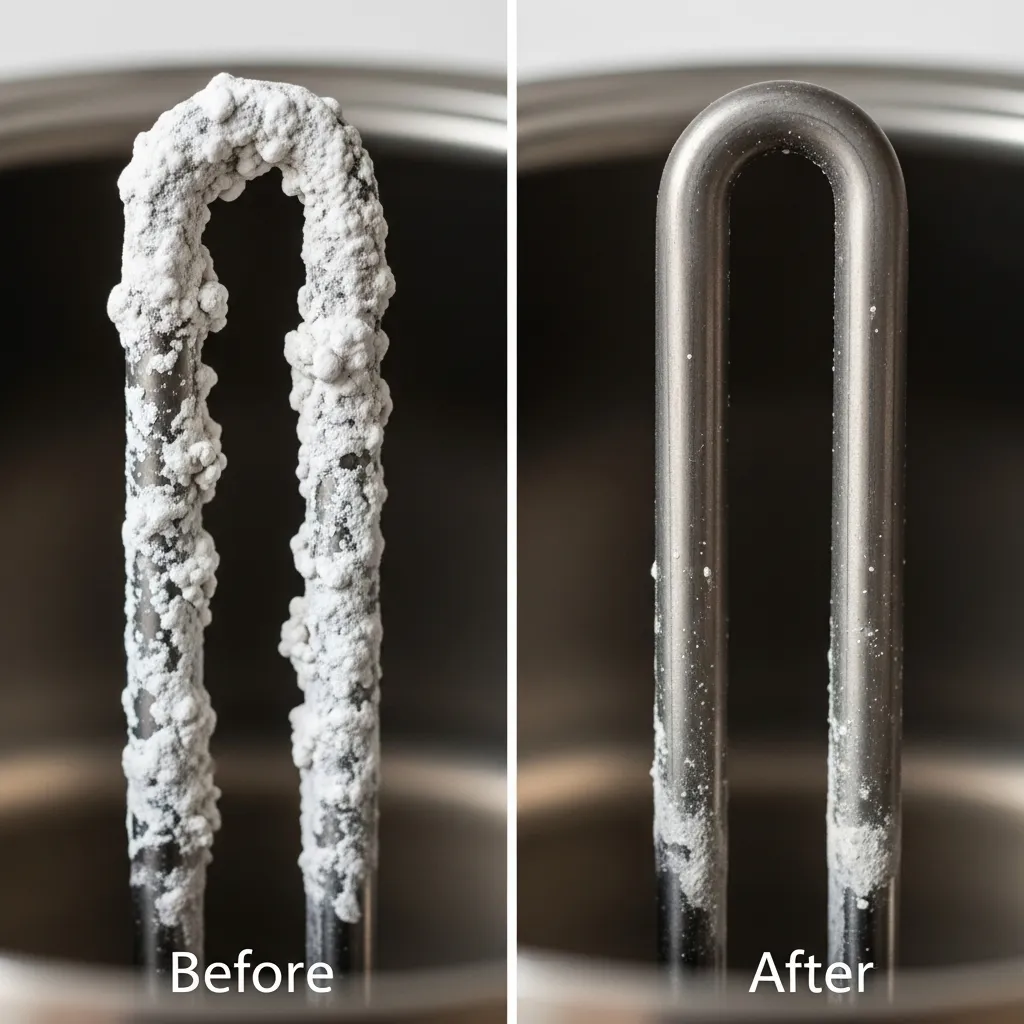 Before & after of a kettle's heating element, showing the effect of vinegar descaling.