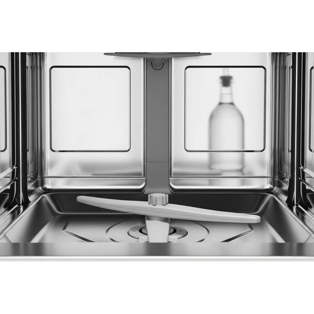 Clean dishwasher interior with vinegar reflection.