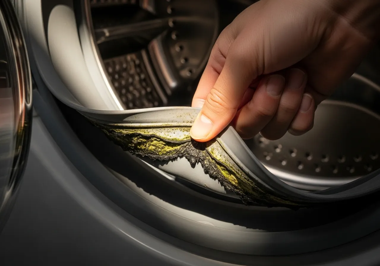 Hand pulling back washing machine gasket to reveal grime.