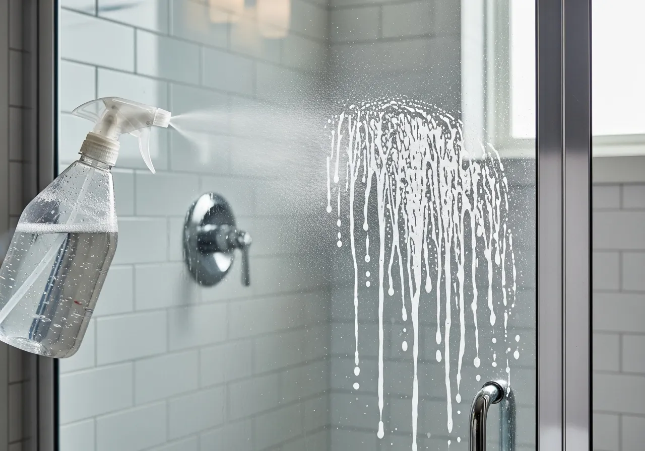 Vinegar solution being sprayed onto soap scum on a shower door.