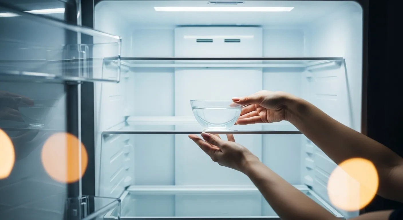 Open refrigerator with vinegar, emphasizing cleanliness.