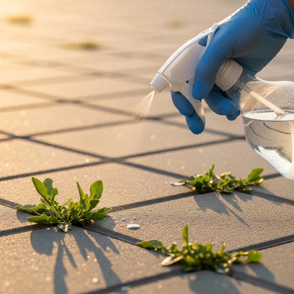 Person spraying vinegar on patio weeds.
