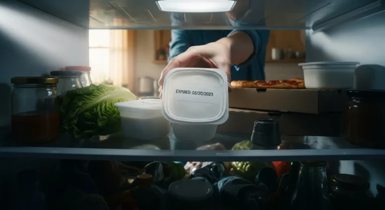 Hand reaching for expired food in a cluttered refrigerator.