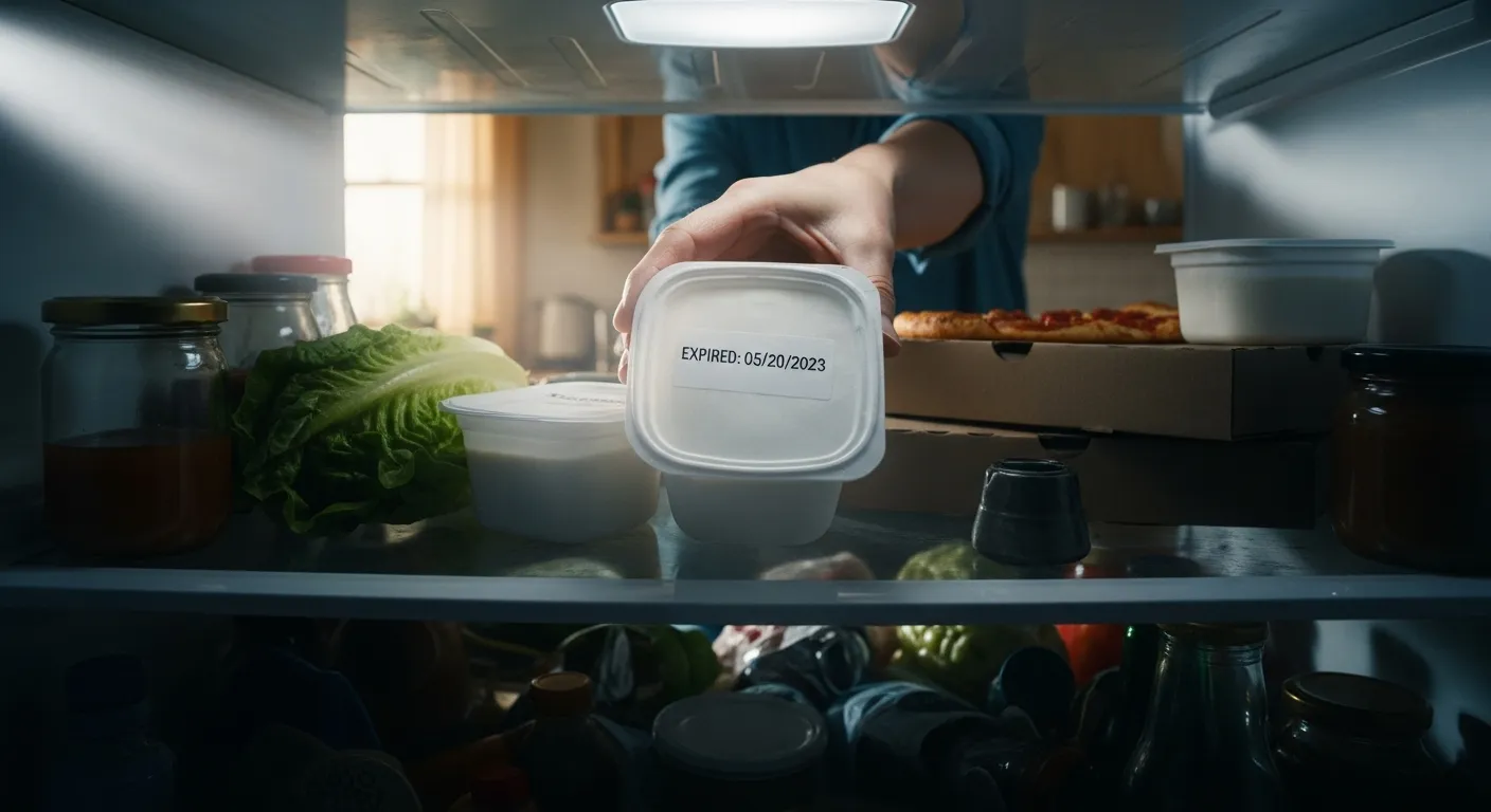 Hand reaching for expired food in a cluttered refrigerator.