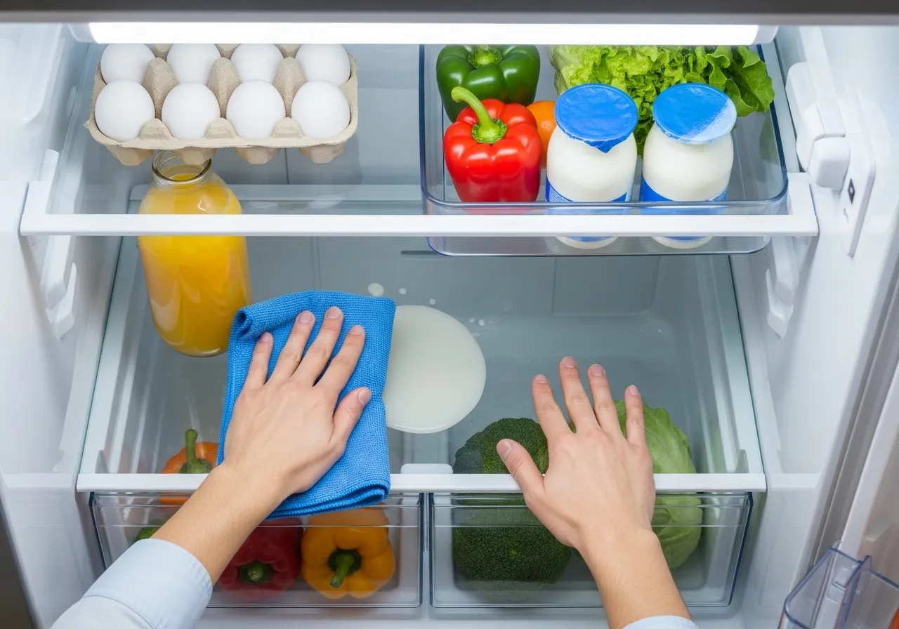 Hands cleaning a spill in a refrigerator.