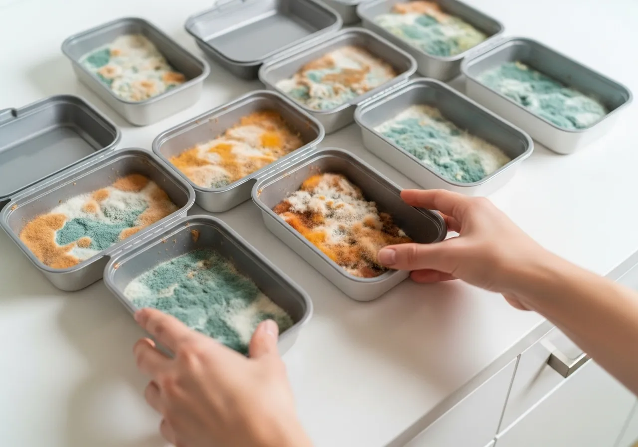 Spoiled leftovers in open containers on a white background.