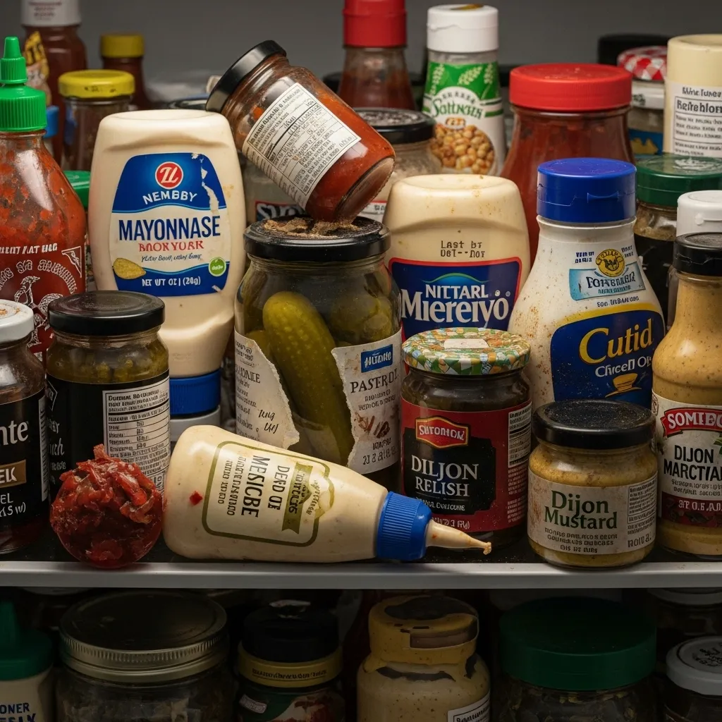 Overstuffed refrigerator door with expired condiments.