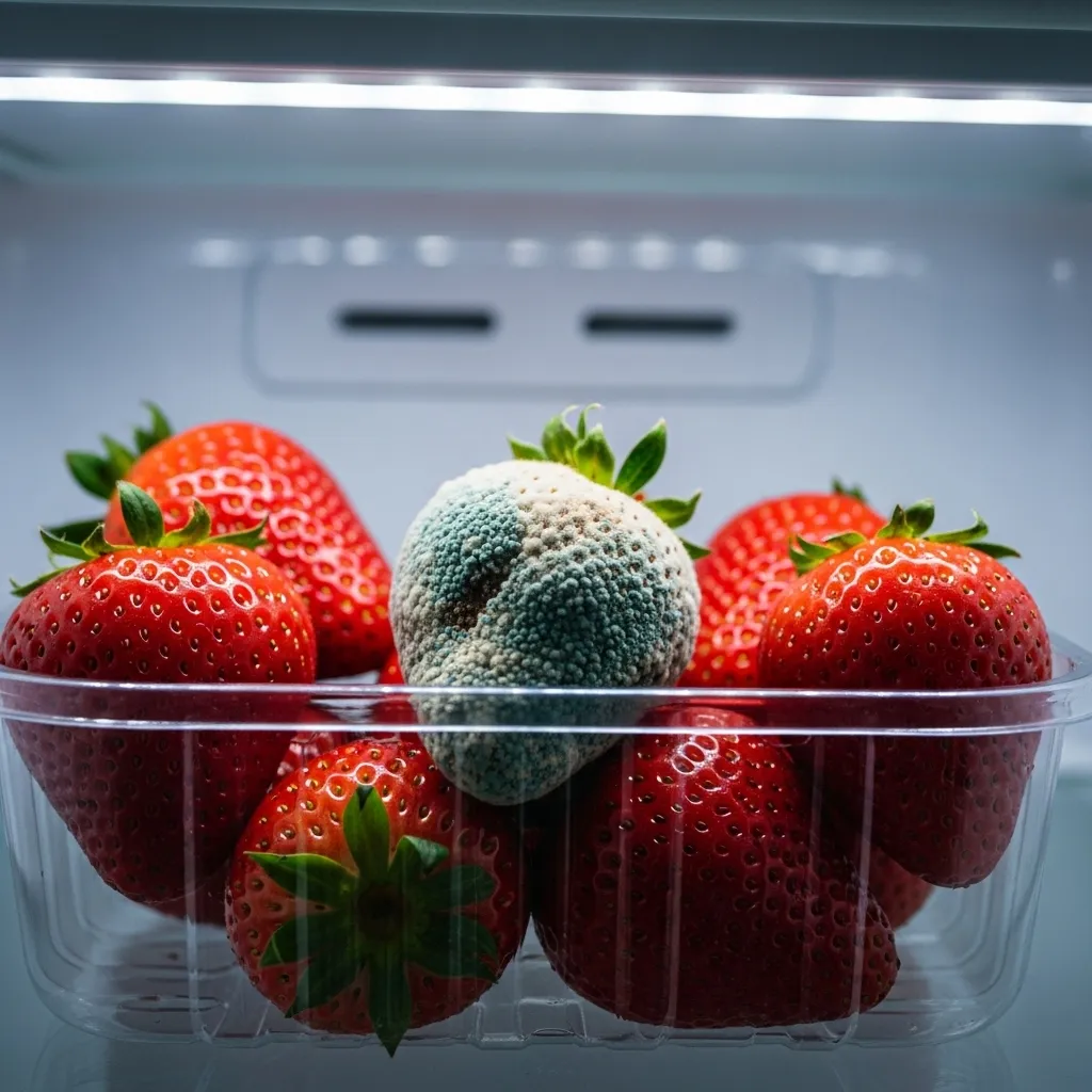 Moldy strawberry among fresh ones.