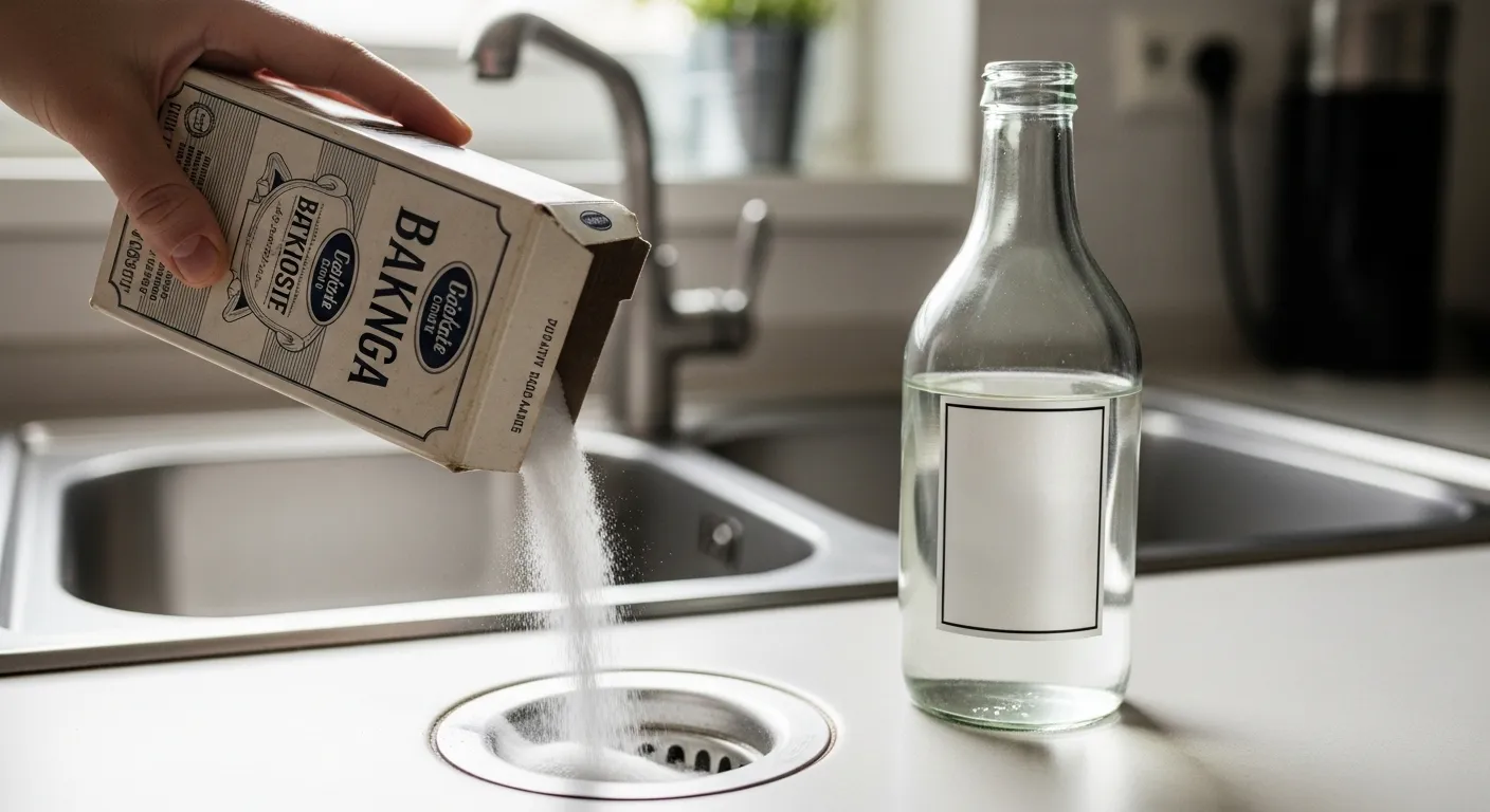 Pouring old baking soda into drain for cleaning.