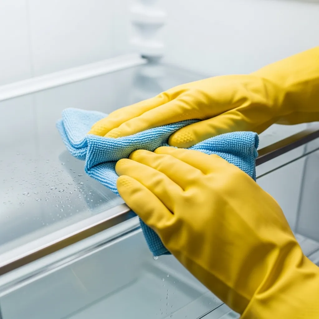 Hands cleaning a refrigerator shelf with a cloth.