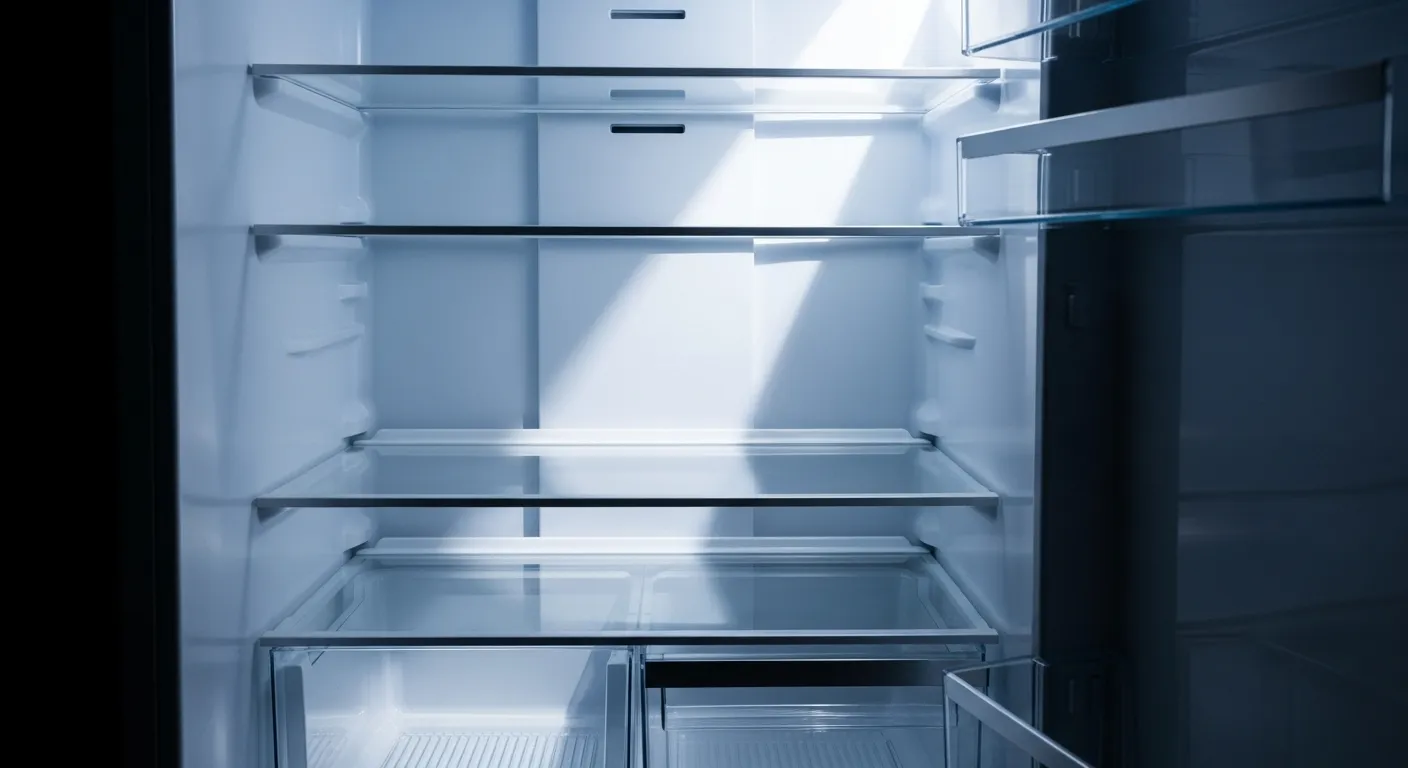 Empty, clean refrigerator interior with visible shelf zones.