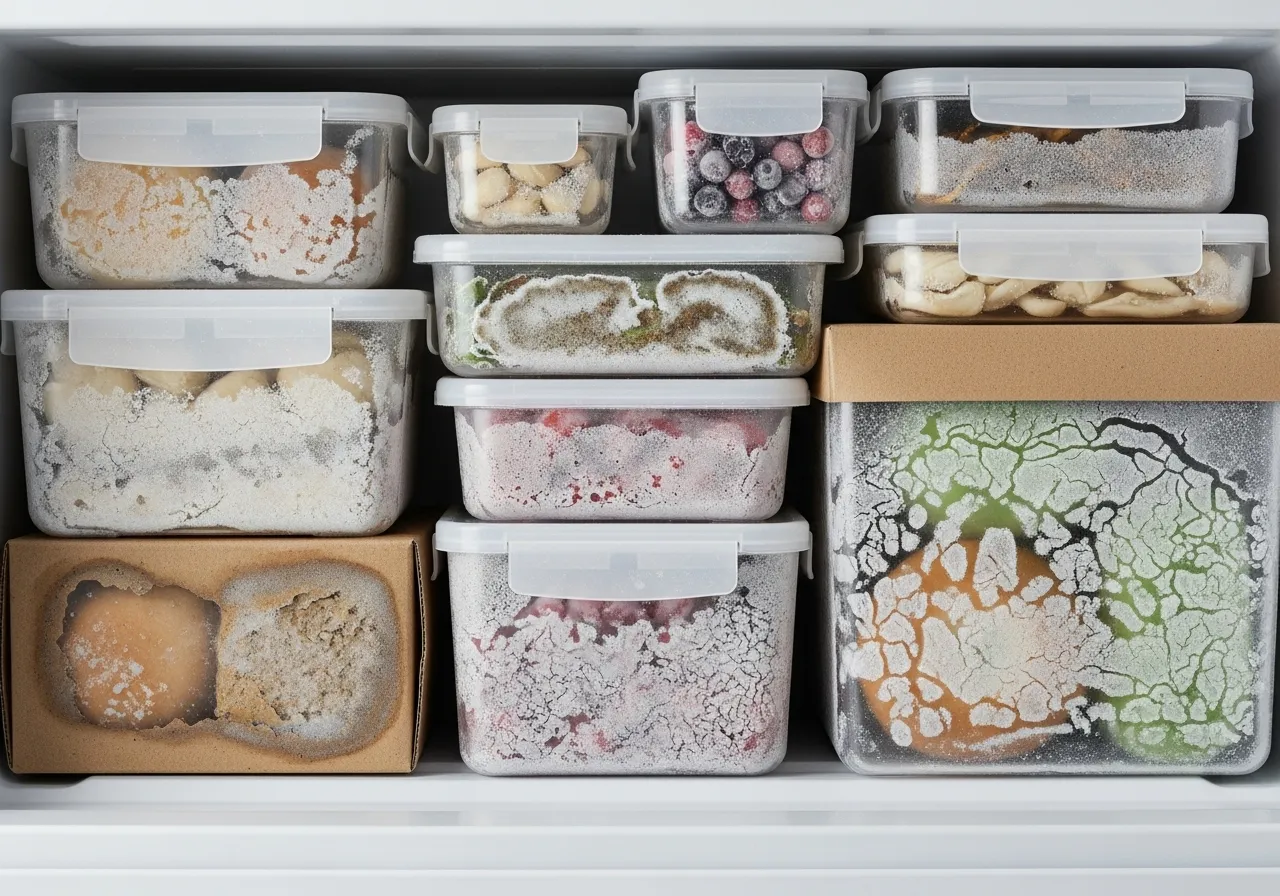 Freezer with various frozen items showing signs of freezer burn and ice crystals, indicating long storage.