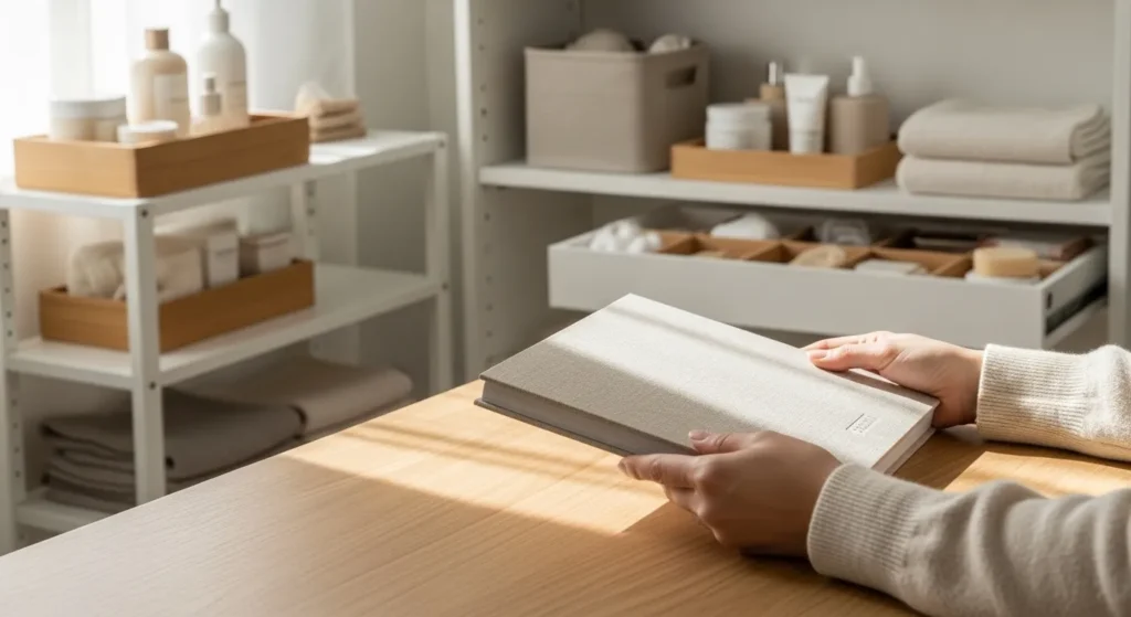 A senior adult smiles contentedly amidst a neatly organized and calming home environment.