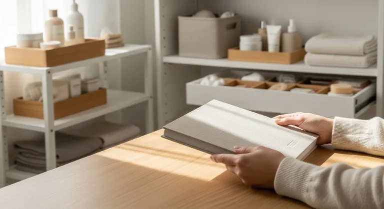 A senior adult smiles contentedly amidst a neatly organized and calming home environment.