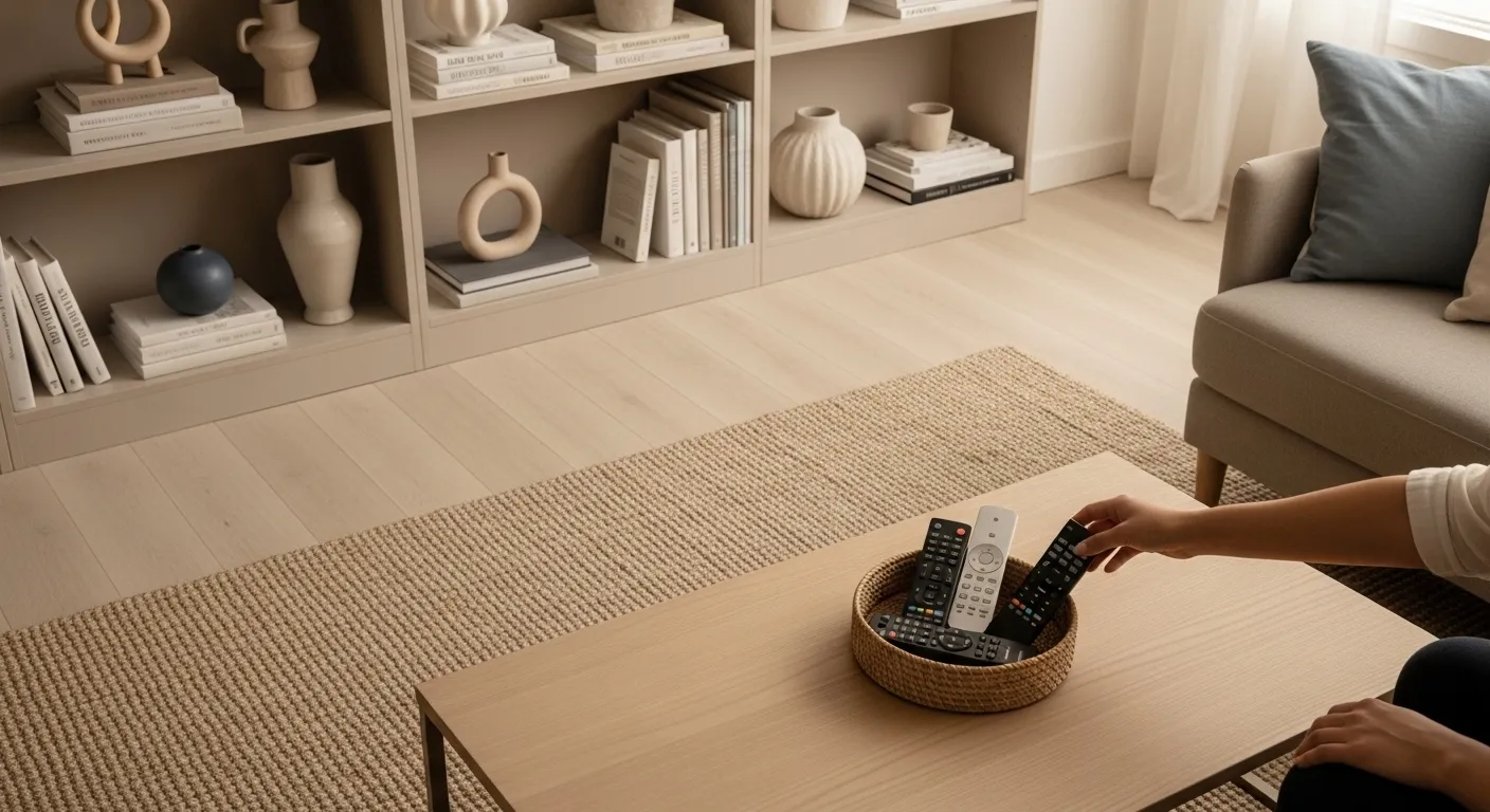A tidy and accessible living room with clear pathways, a neatly organized bookshelf, and a small, labeled basket on a coffee table for remote controls.