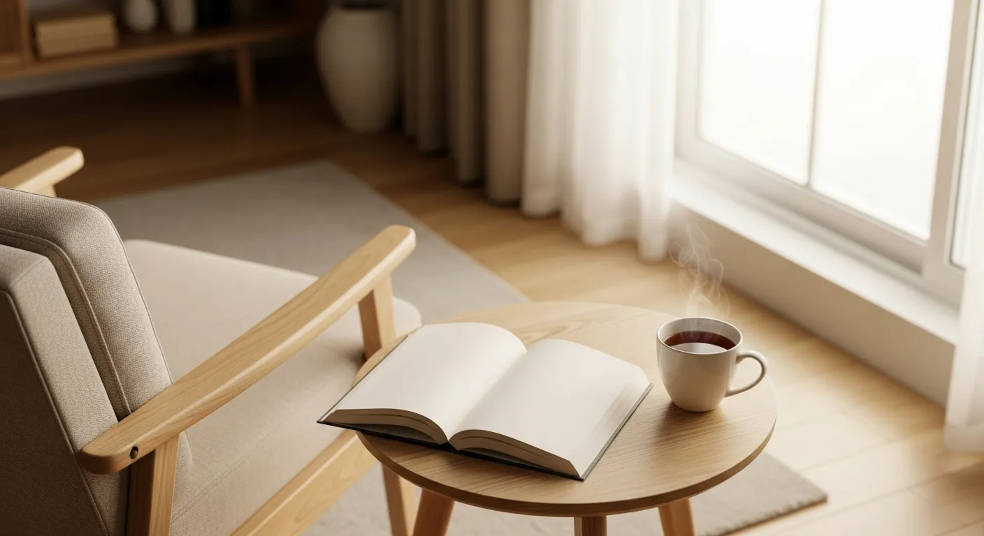 A calm and organized living room with a comfortable armchair next to a window with soft morning light.