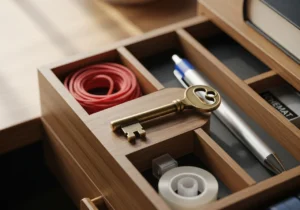A single key rests on top of a neatly organized drawer with dividers containing small items like a rubber band and a pen.