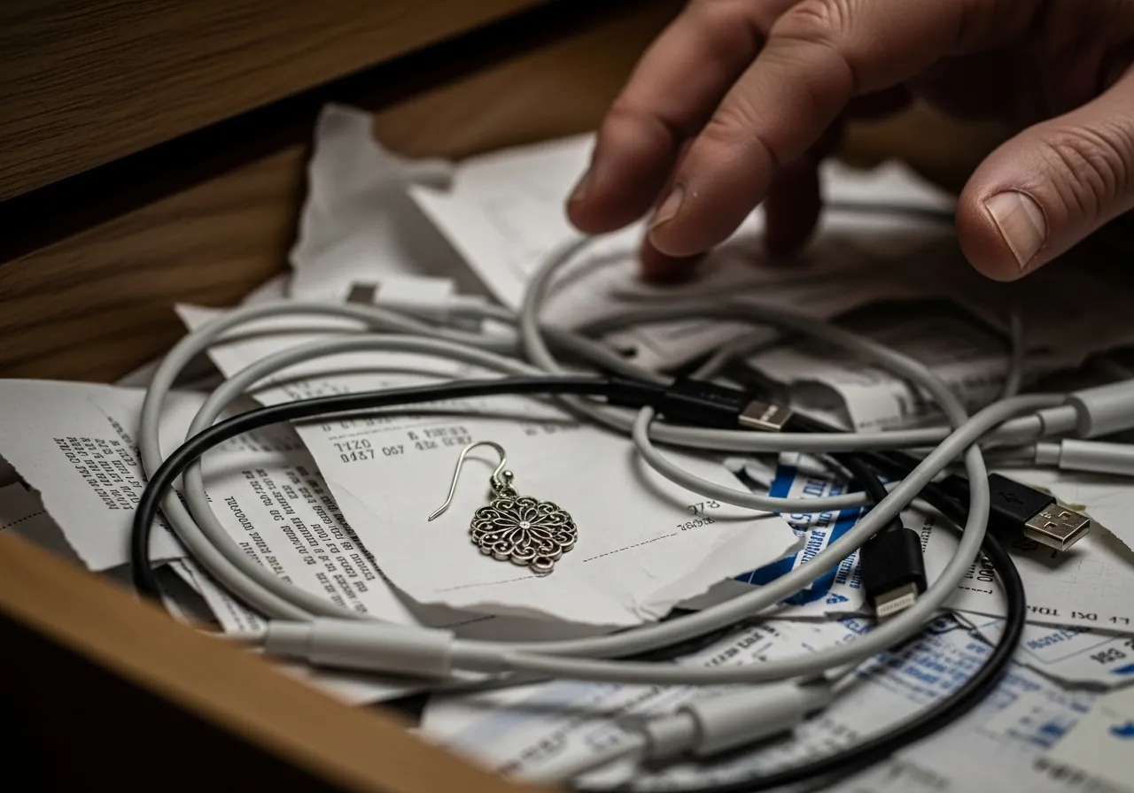 A close-up of a cluttered drawer containing an earring, receipts, and cords.