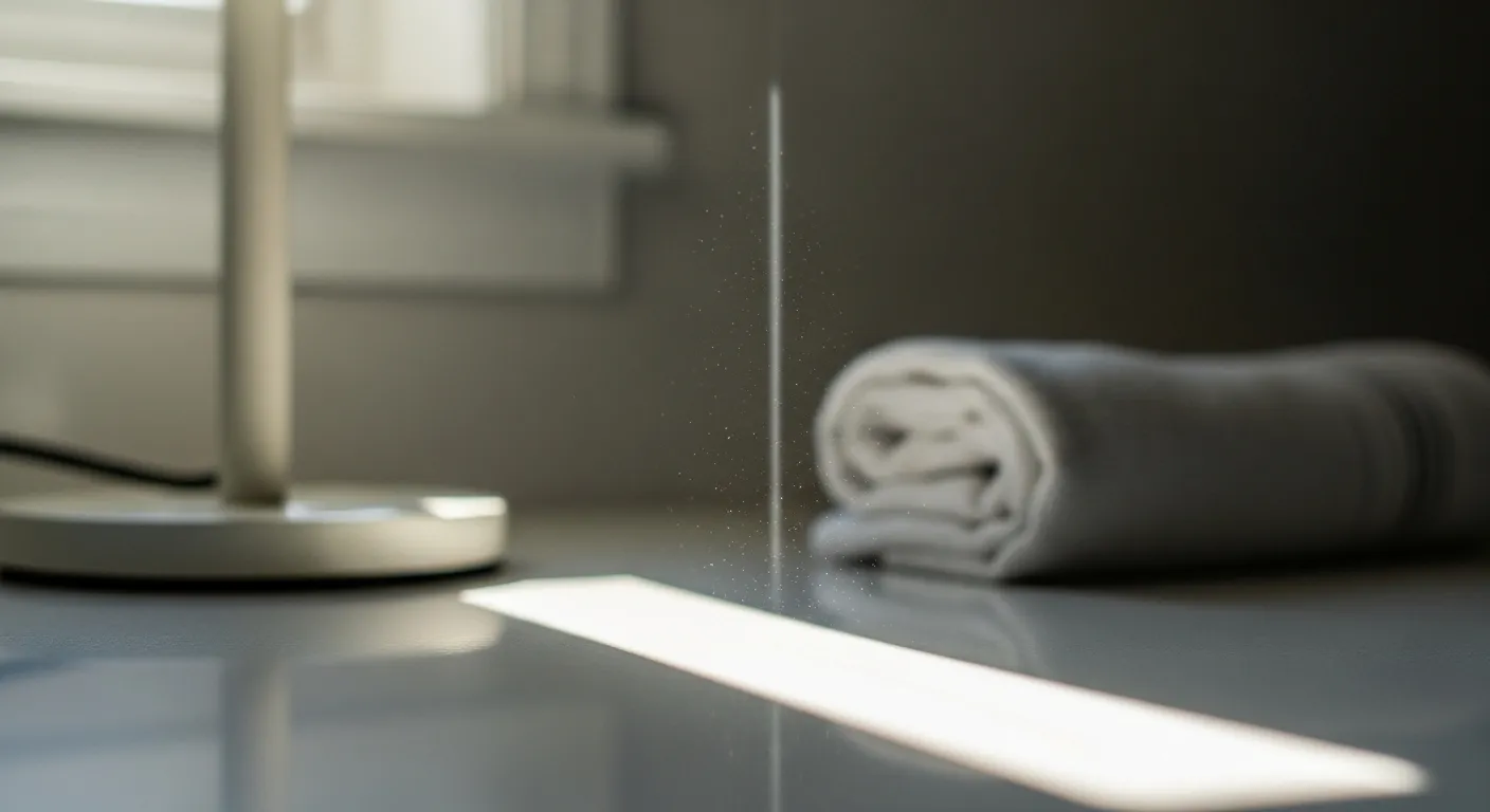 A sunbeam highlights dust motes on a clean counter prepared for organizing, with a towel and lamp nearby.