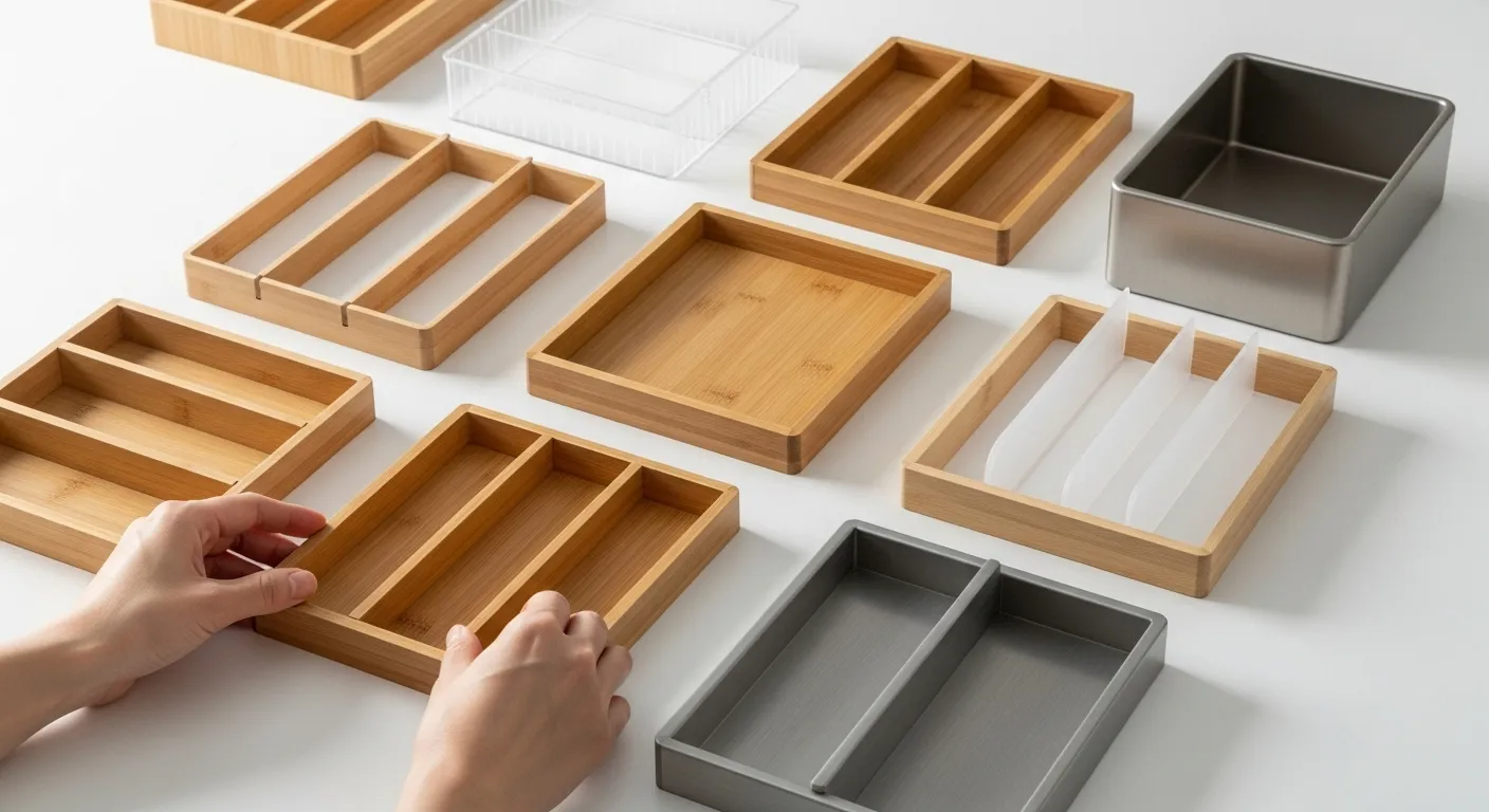 A flatlay of various empty drawer dividers on a white surface.
