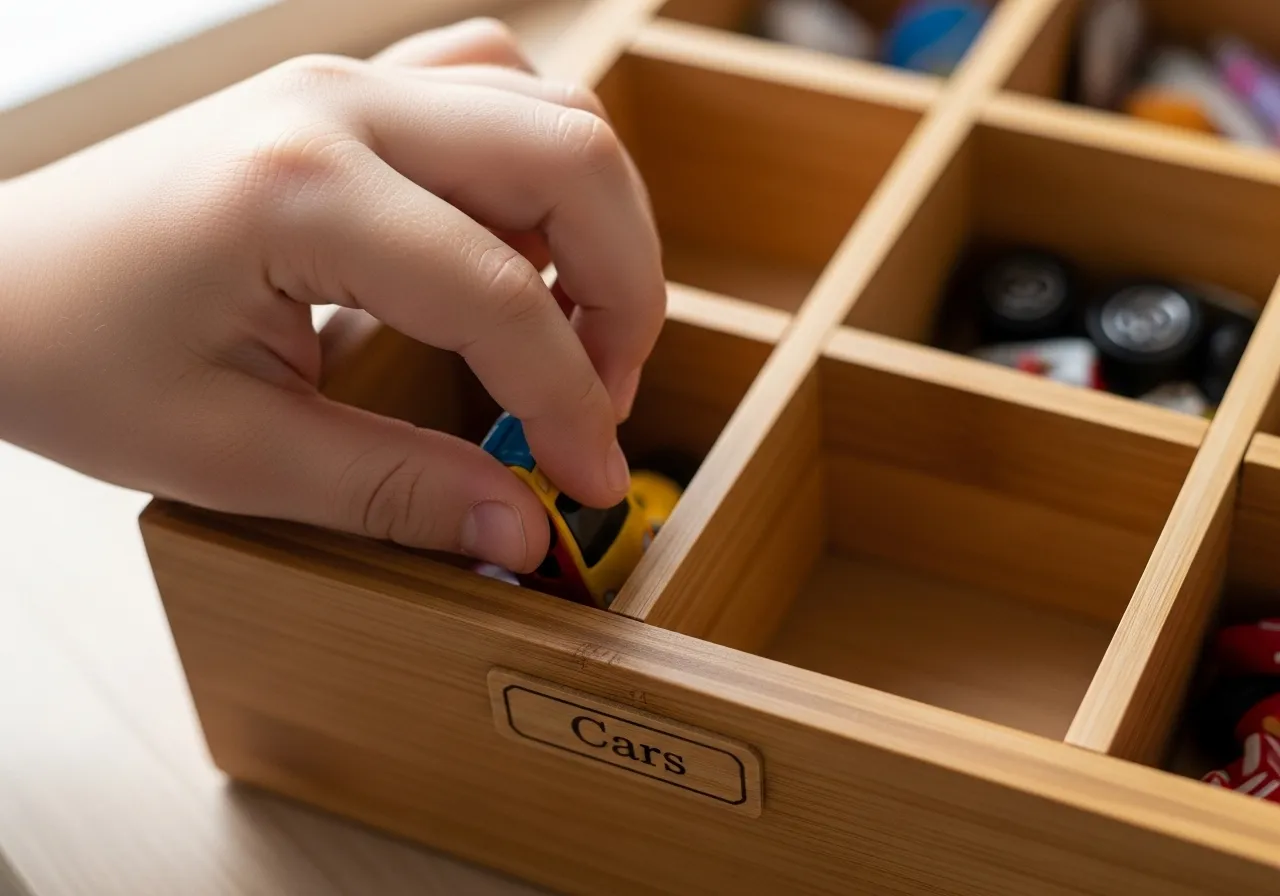 A child's hand places a toy car into a labeled drawer compartment.