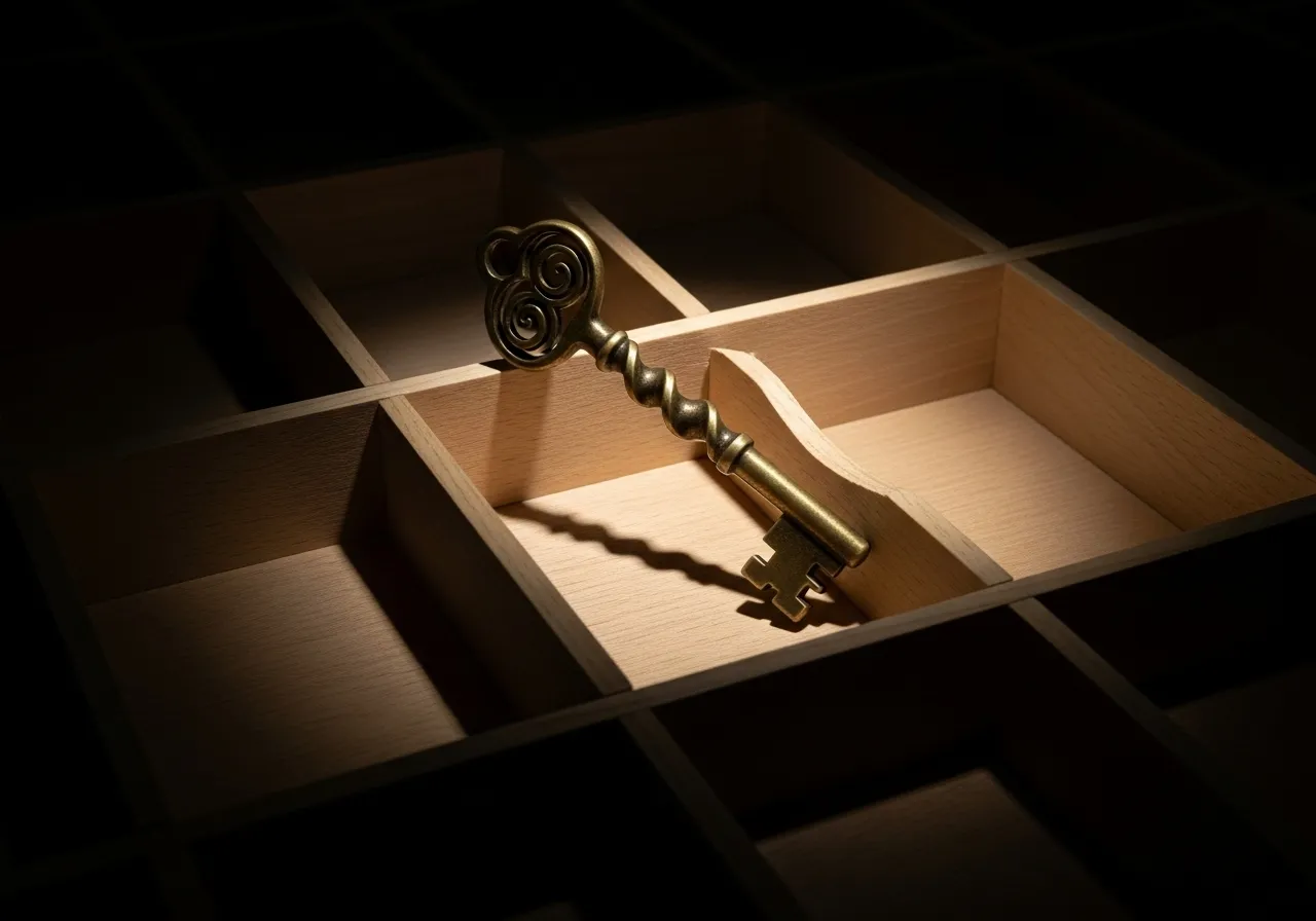 A key lies askew on drawer dividers in a spotlight, symbolizing a momentary disruption of order.