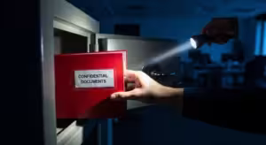 A hand retrieves a grab-and-go binder from a fireproof safe during an emergency.