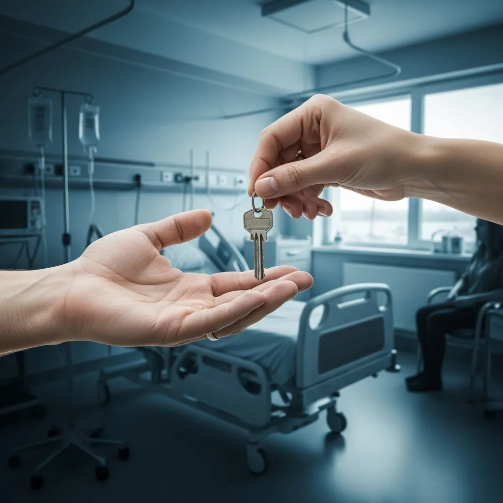 Two hands exchanging a key, overlaid on a blurred hospital room image.