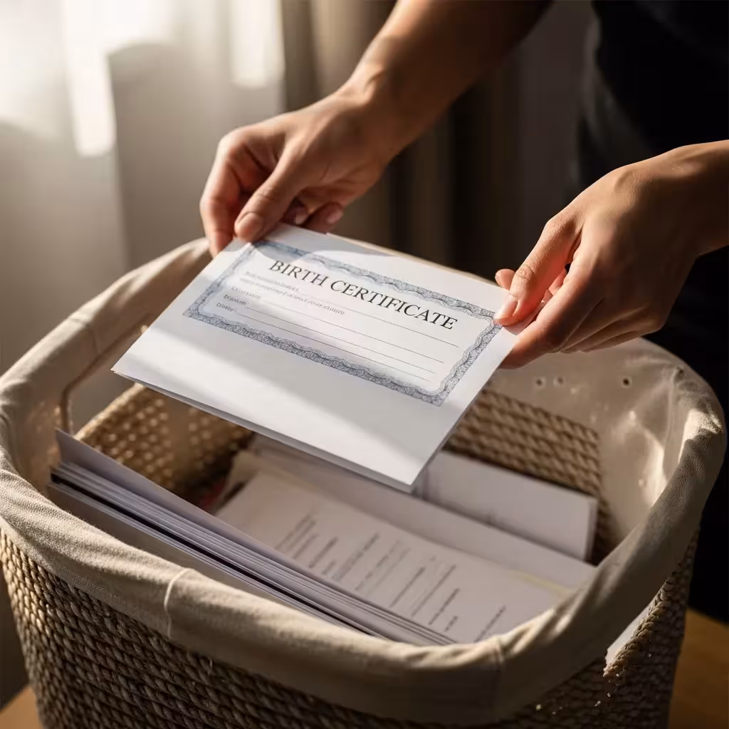 Hands carefully placing a birth certificate into a laundry basket with other documents.