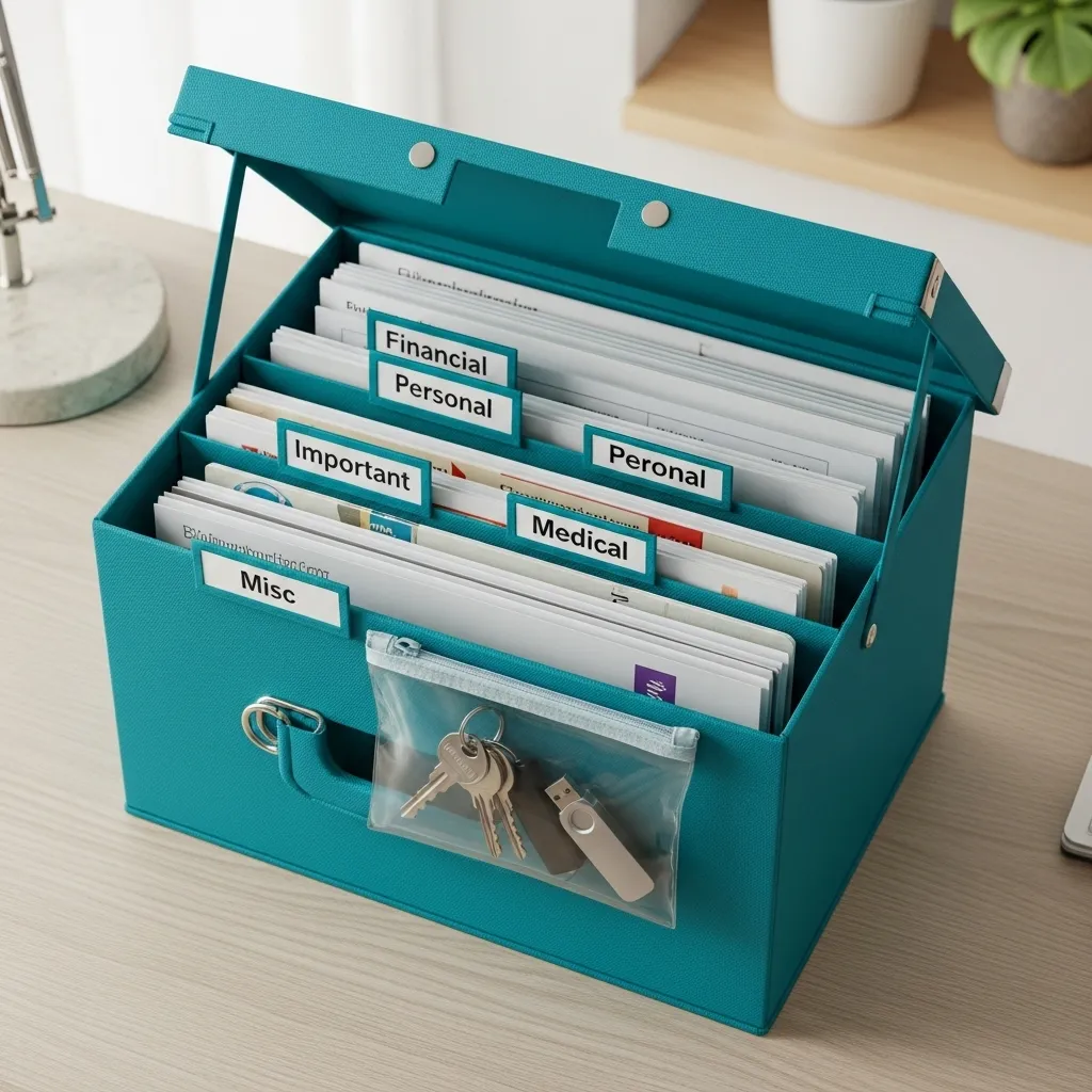 An open portable file box displays organized documents, keys, and a USB drive.