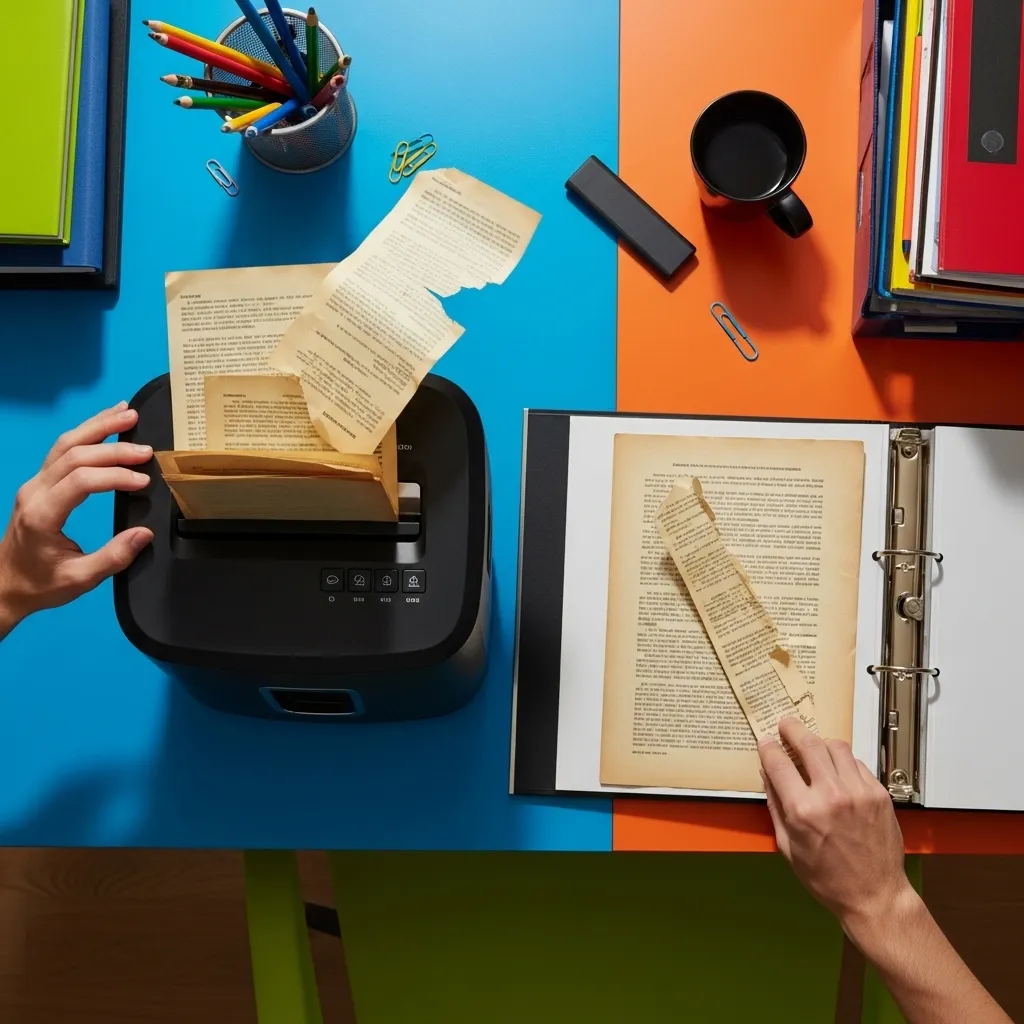 A binder lies open next to a shredder, with old documents feeding into it.
