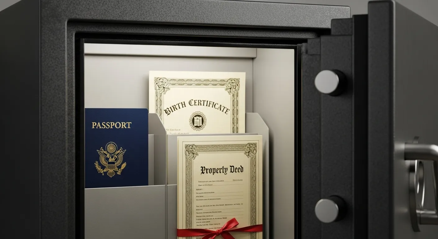Open fireproof safe containing important documents like passport, birth certificate, and property deed.