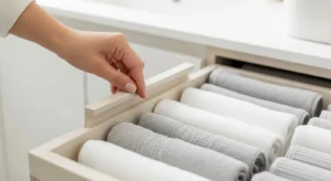 A hand opens a bathroom drawer revealing neatly organized towels and washcloths.