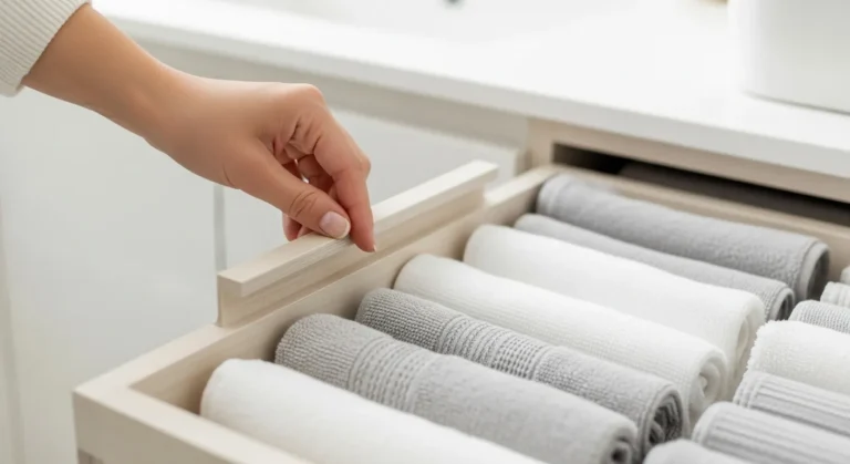 A hand opens a bathroom drawer revealing neatly organized towels and washcloths.