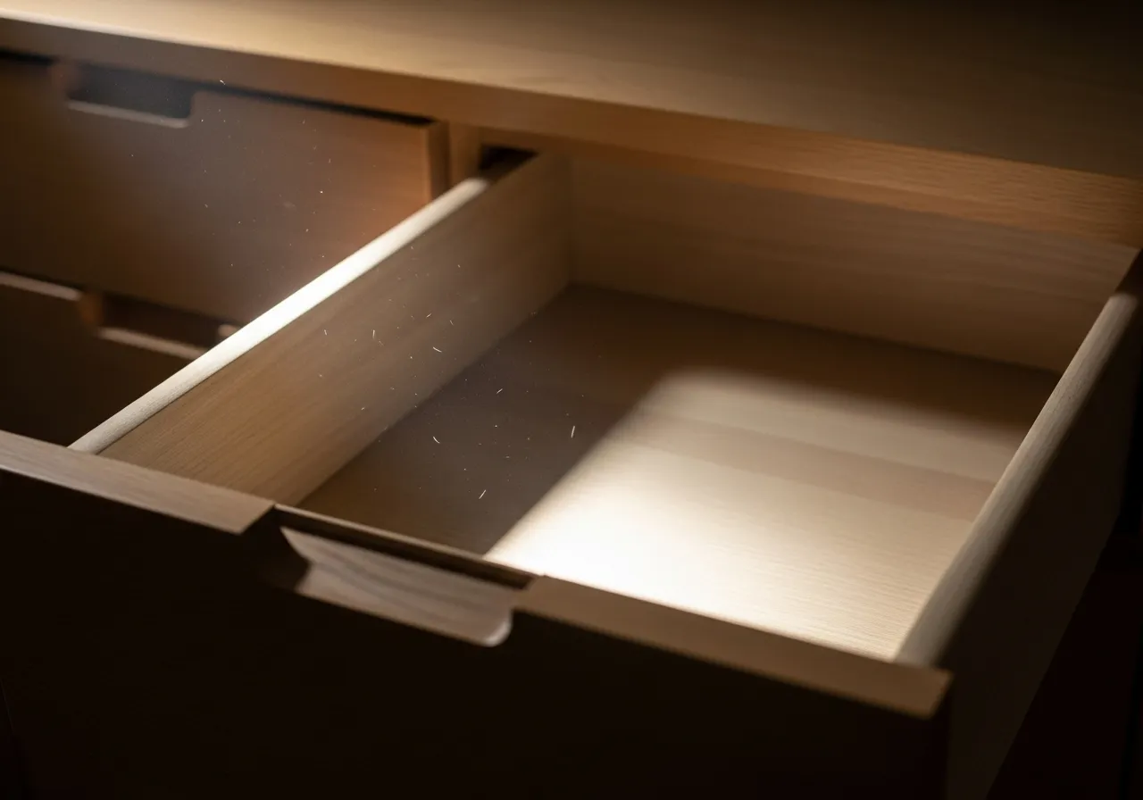 An empty, clean drawer with light and shadow.