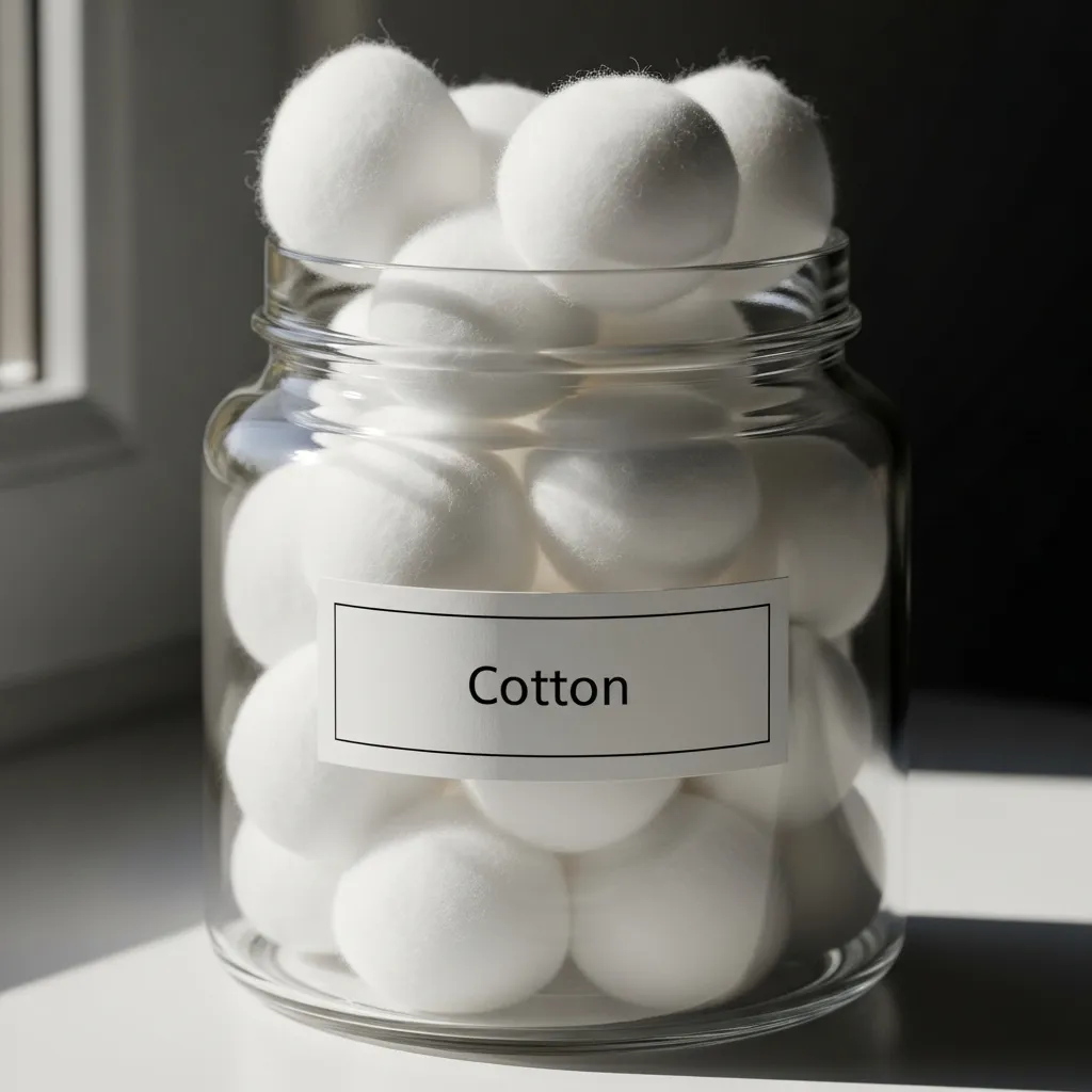 A glass jar labeled for cotton balls sits on a bathroom counter.