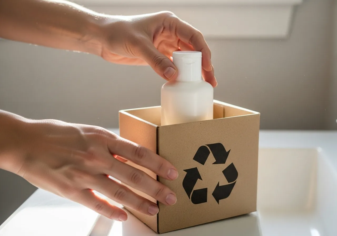 Hands placing a nearly empty lotion bottle into a recycling box.