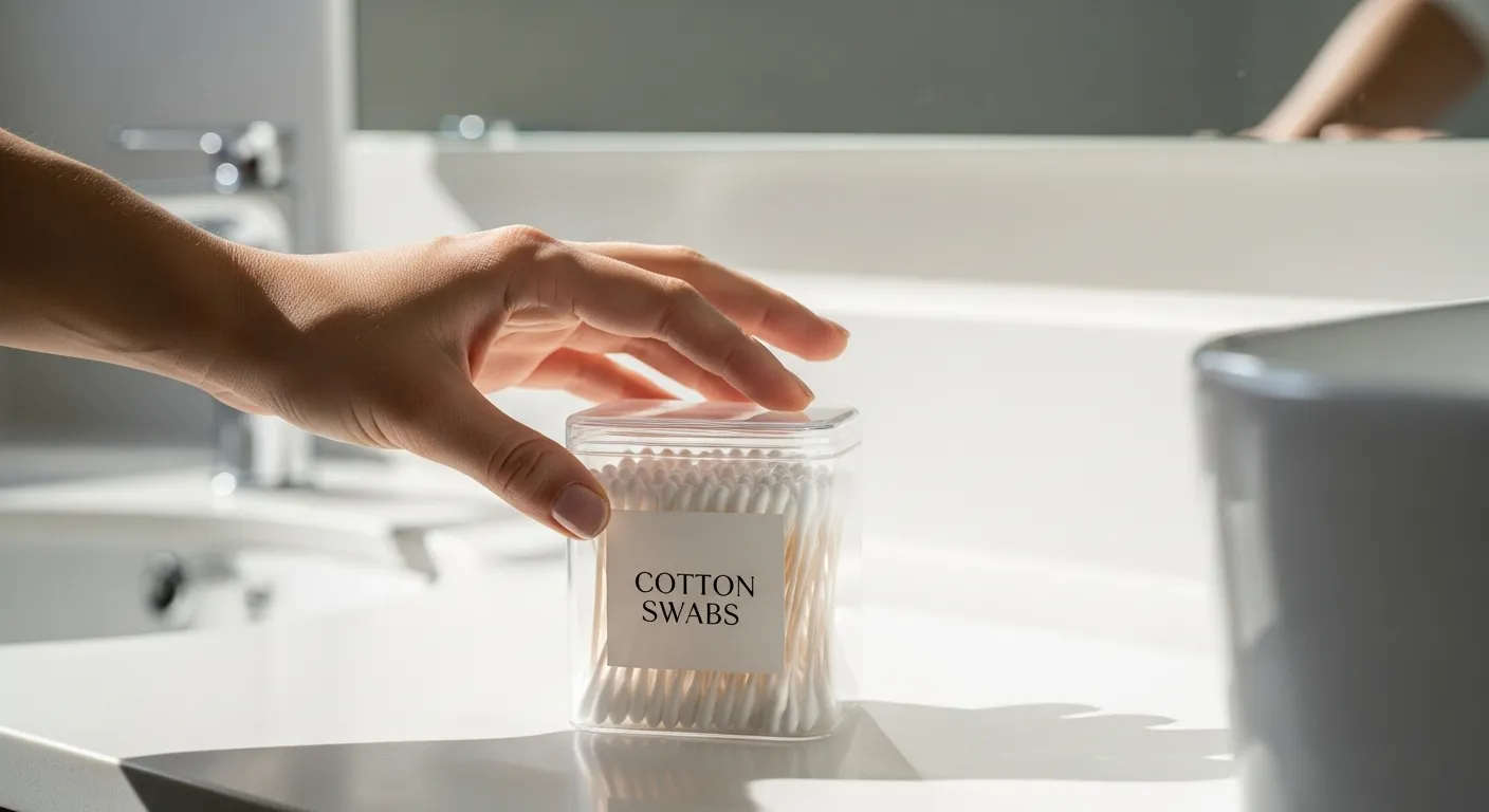 A hand reaches for a labeled container in an organized bathroom.