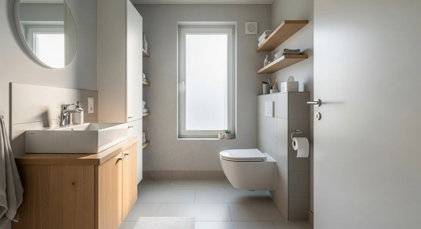 A clean, minimalist bathroom with natural light and vertical storage.