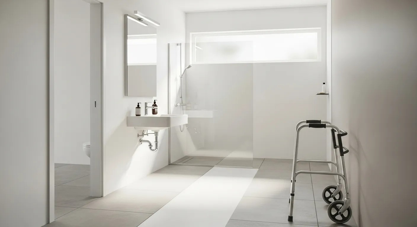 A clean, spacious bathroom with a clear floor and a walker against the wall.