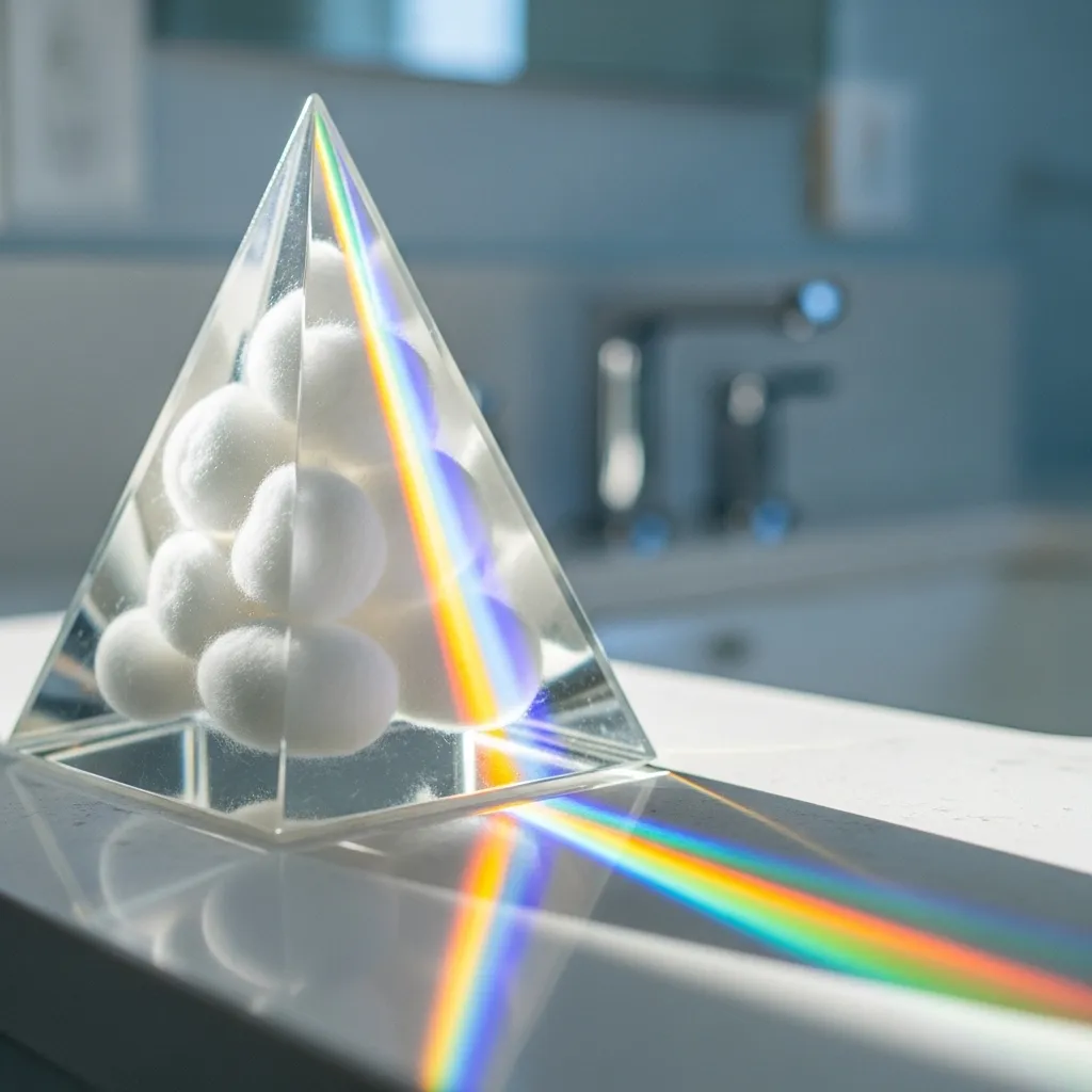 A prism-shaped glass container filled with cotton balls sits on a white countertop in a bright, minimally decorated bathroom.