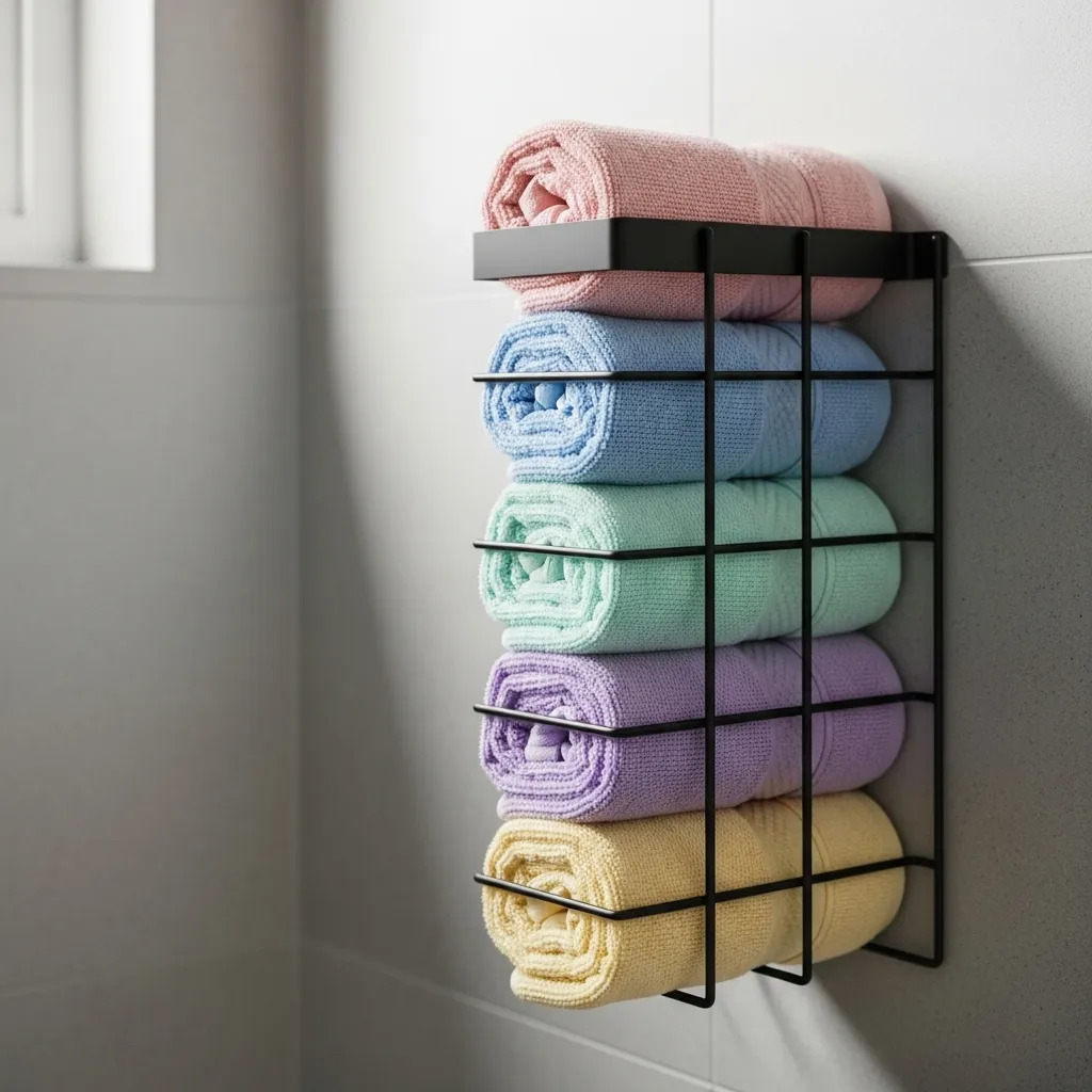 Rolled towels are stored vertically in a wall-mounted basket in a small bathroom.