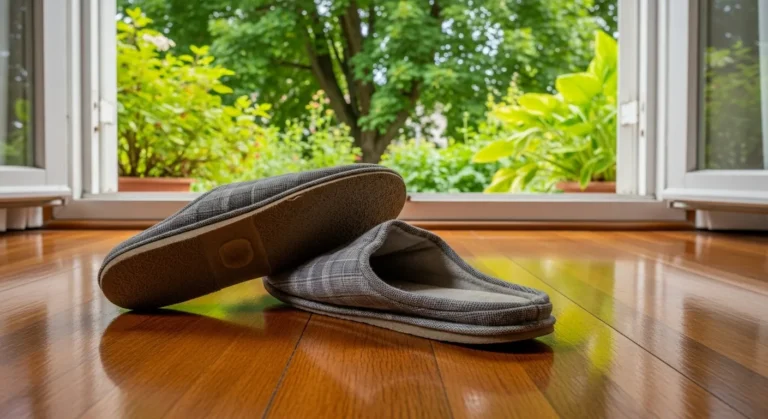 Slippers on a hardwood floor near a window with greenery.