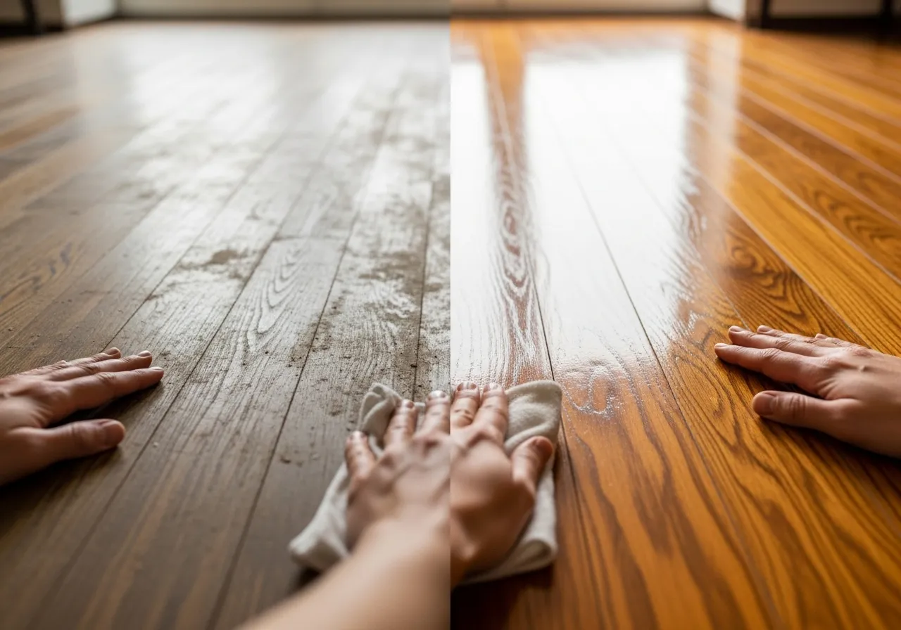 Before-and-after of an oiled hardwood floor.