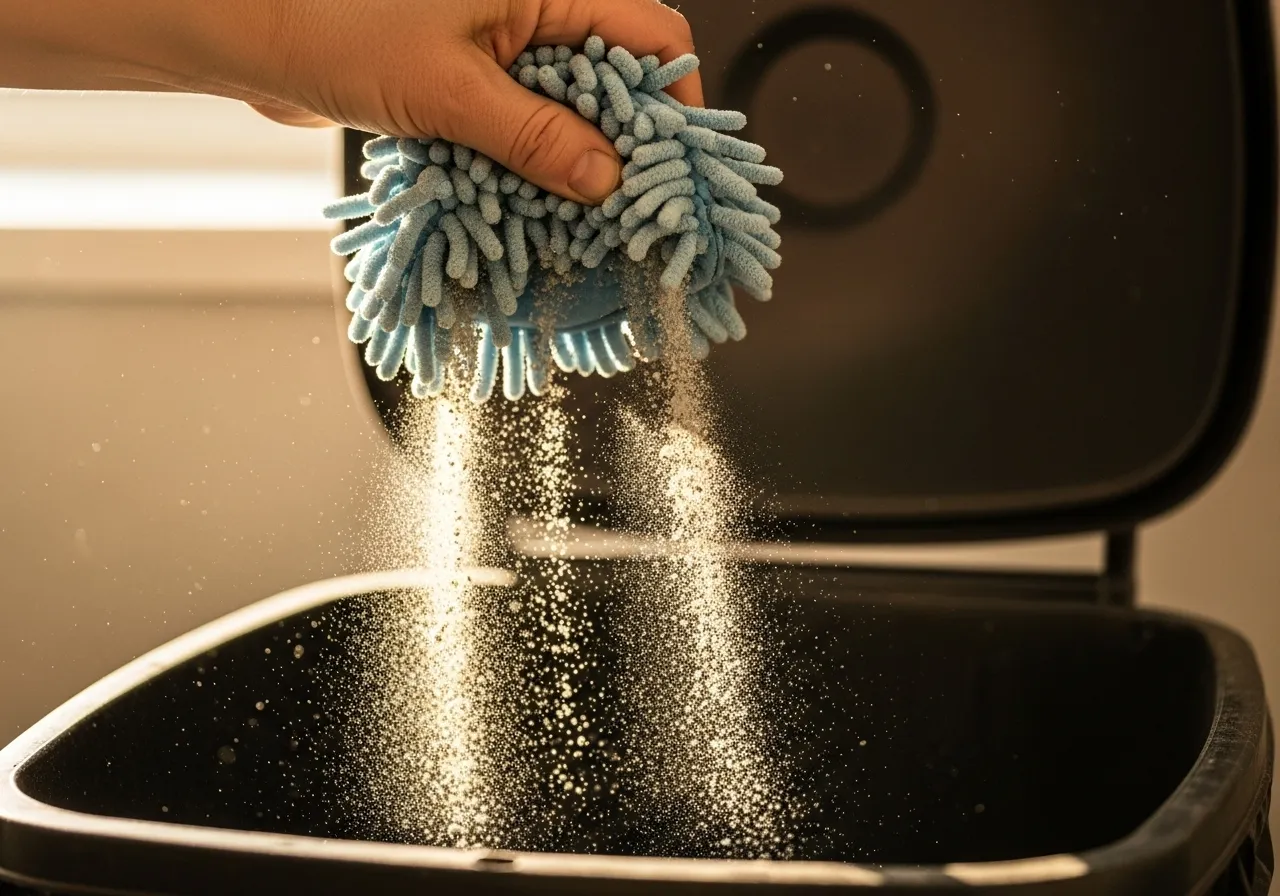 Emptying a dust mop after cleaning hardwood floors.